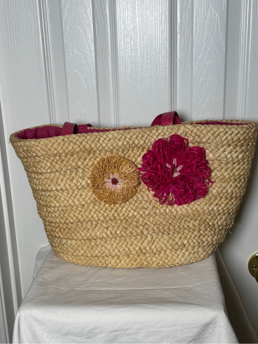 Chateau Straw Jute Tote Bag Woven Pink Tan Flowers Boho Summer Beach Large